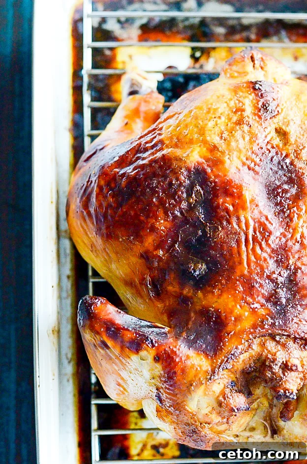 A perfectly roasted, golden-brown turkey, brined for ultimate flavor and juiciness, ready for carving.