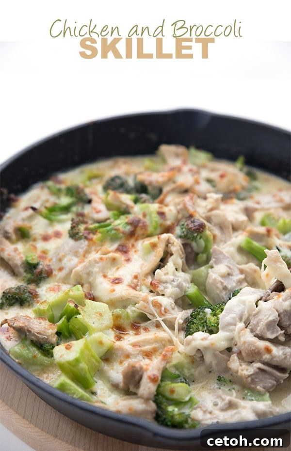 Creamy Keto Chicken Broccoli Casserole in a cast iron skillet, bubbling hot and ready to serve for an easy low-carb dinner.