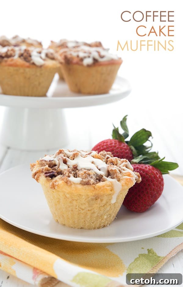 Keto coffee cake muffins arranged on a white plate with fresh strawberries, showcasing their cinnamon crumb topping.