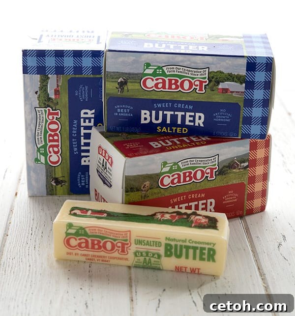 Keto Decadent Pecan Praline Sauce 4 Two blocks of high-quality Cabot Creamery butter, unwrapped and ready for use in delicious keto recipes.