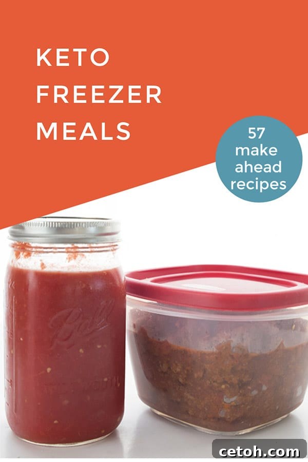 Titled image of keto freezer meals with a jar of tomato sauce and a tupperware full of chili, representing diverse freezer-friendly options.