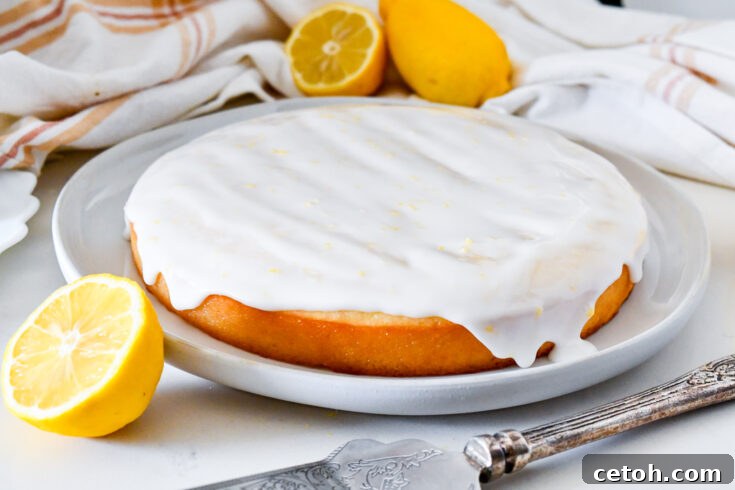 Lemon Syrup Cake slice on a plate with fresh lemon and mint garnish.