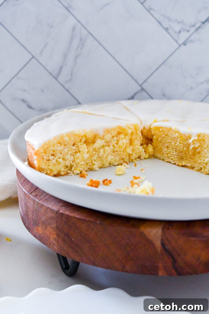 A generous slice of the moist lemon syrup cake on a pristine white plate, adorned with a sweet glaze, highlighting its delicate crumb and inviting golden hue, promising a delightful taste experience.