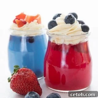 Titled image for keto sugar free jello in glass jars, one blue and one red, topped with whipped cream and berries.