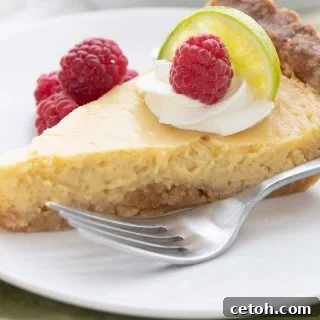 A close up shot of a slice of keto key lime pie with whipped cream and berries on top.