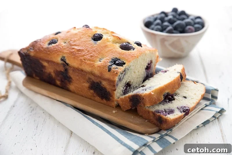 A moist loaf of keto blueberry bread with two inviting slices cut out of it, revealing blueberries.