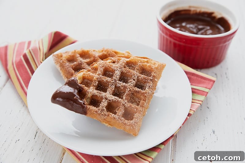 Two perfectly golden-brown keto churro waffles on a white plate, with a pot of chocolate sauce nearby.