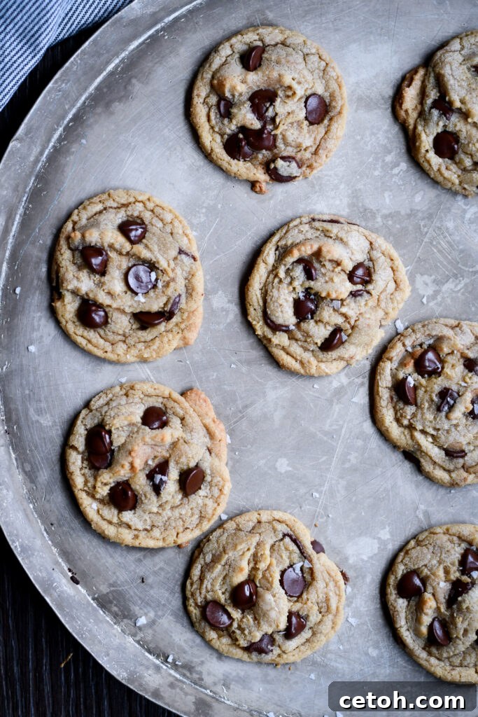 Close-up of baked chocolate chip cookies on a parchment-lined baking sheet, showing their perfect shape and golden edges.
