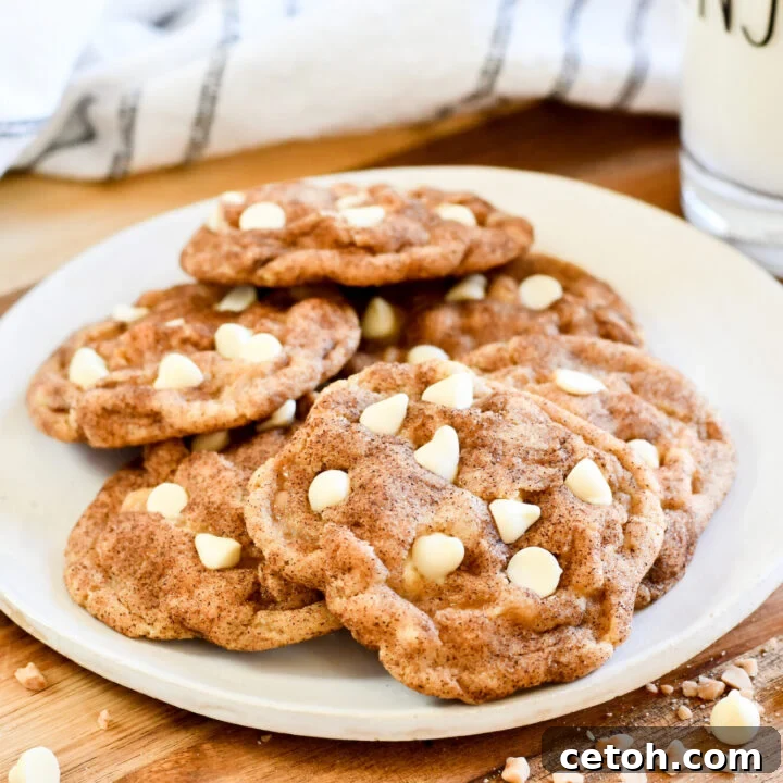 White chocolate toffee snickerdoodle cookies, a sweet and rich twist on a classic.