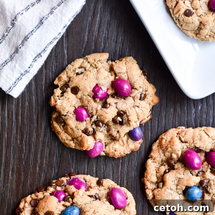 Gluten-free and dairy-free monster cookies, packed with oats, chocolate chips, and candy.