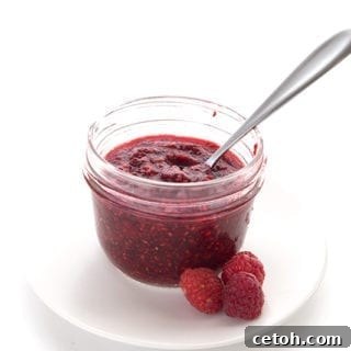 Sugar Free Jam made with raspberries and chia seeds, neatly presented