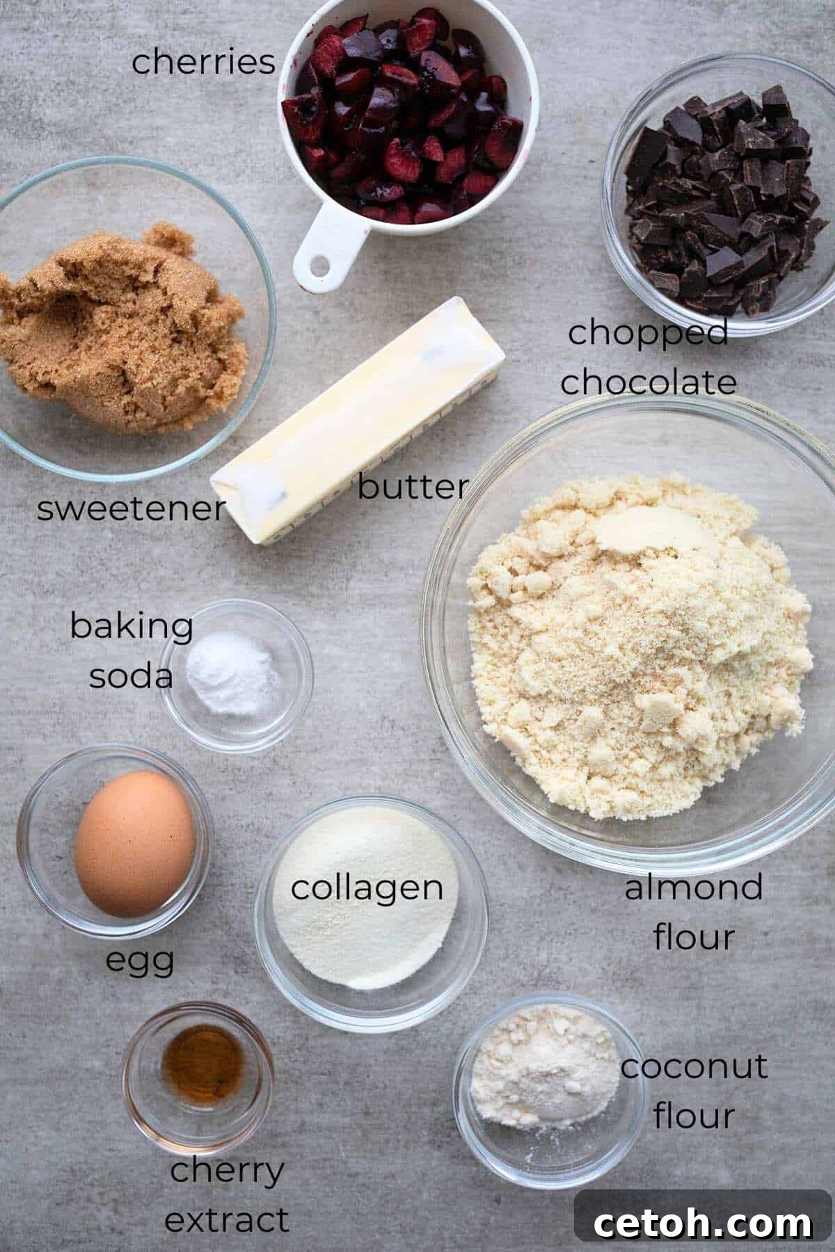 Decadent Keto Cherry Chocolate Chunk Cookies 4 Top down image of ingredients needed for Keto Cherry Chocolate Chunk Cookies.