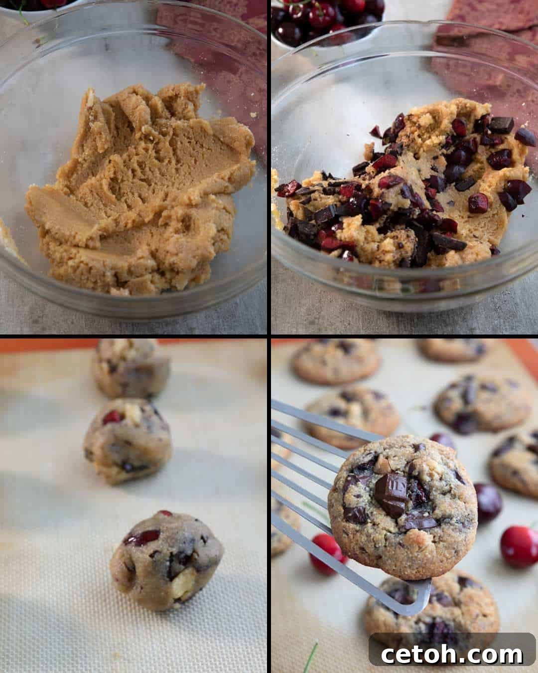 Decadent Keto Cherry Chocolate Chunk Cookies 5 A collage of four images showing how to make Keto Cherry Chocolate Chunk Cookies.