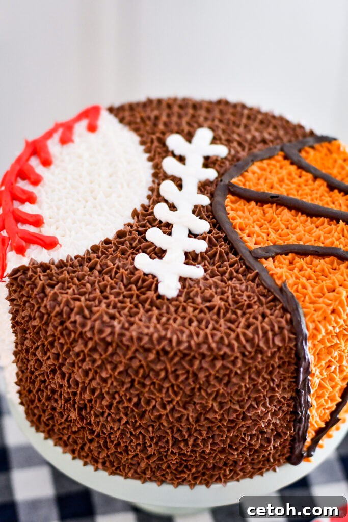 Celebrate your kid's love for sports with this epic sports-themed birthday cake—featuring basketball, baseball, and football designs in one tasty treat!
