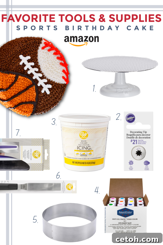 All the supplies you need to make an epic sports birthday cake!