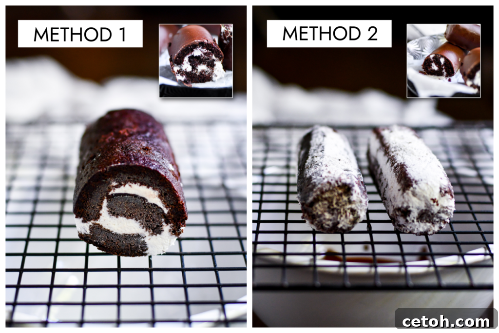 DIY Swiss Roll Snack Cakes 4 This image shows homemade Swiss rolls on a platter, ready to be enjoyed. The caption invites viewers to explore two easy methods for assembling and coating these delicious chocolate snack cakes.