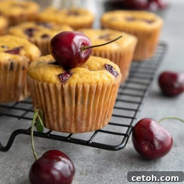 Keto Cherry Chocolate Chip Muffins cooling on a wire baking rack.