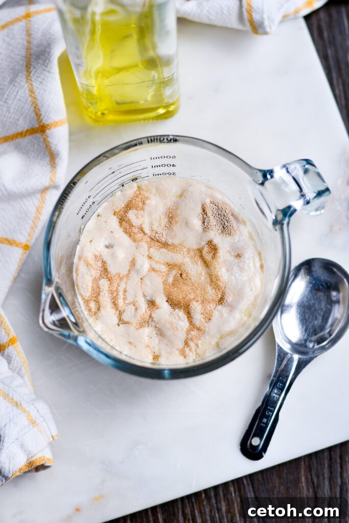 Proofing Yeast for Perfect Hot Cross Buns | Getting light, fluffy hot cross buns starts with properly proofing your yeast! Here’s what active yeast should look like when mixed with warm water and sugar—bubbly and foamy! This step ensures a perfect rise for soft, spiced buns.