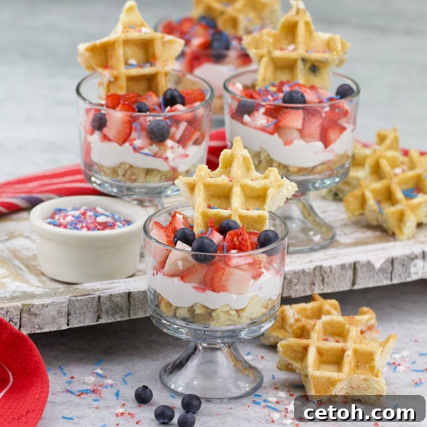 Mini Red, White, and Blue Waffle Trifles for 4th of July brunch