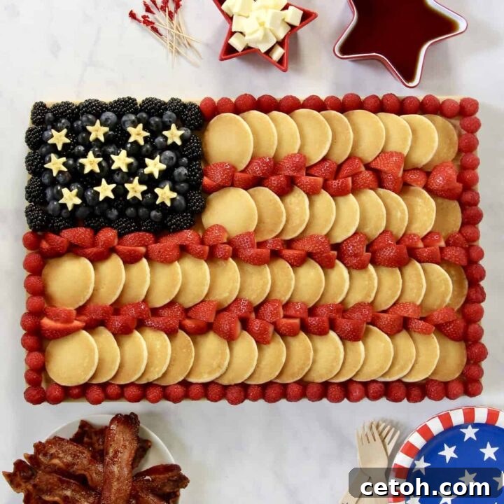 American Flag Pancake Board with fruit and whipped cream