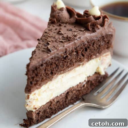 A slice of keto cheesecake cake on a white plate with a fork, over a pink gauze napkin.