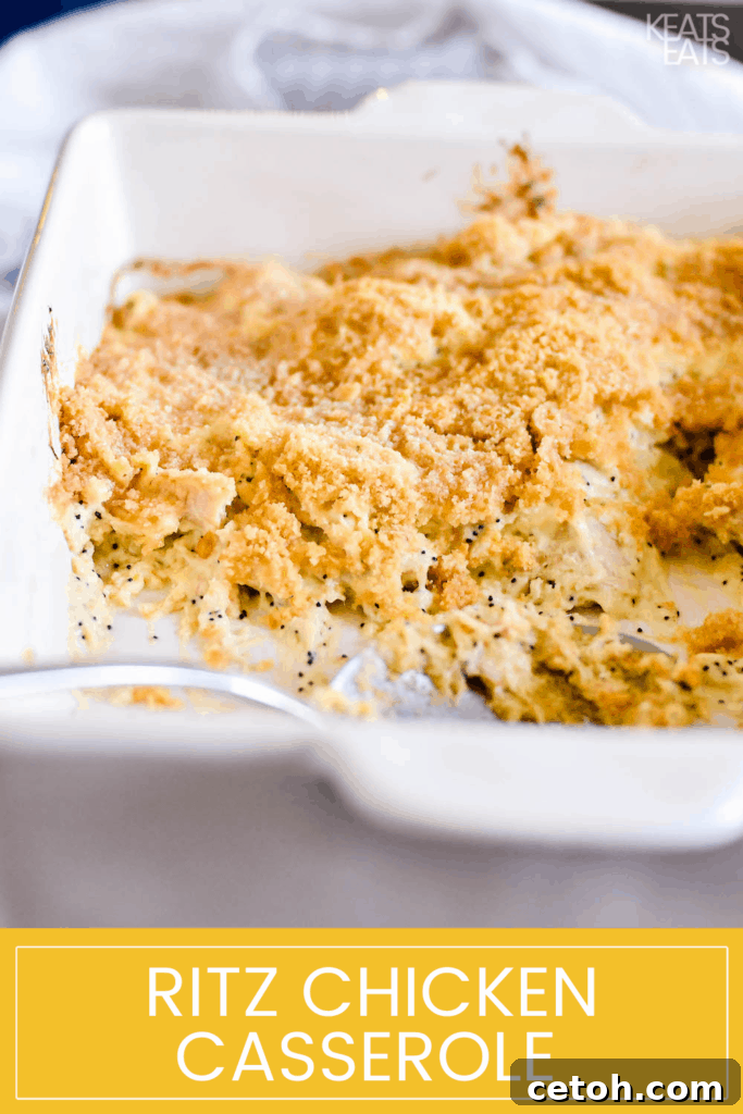 This Ritz Chicken Casserole is an easy weeknight dinner made with simple ingredients and sure to please everyone. A delicious, creamy chicken bake with a crispy, golden cracker topping.