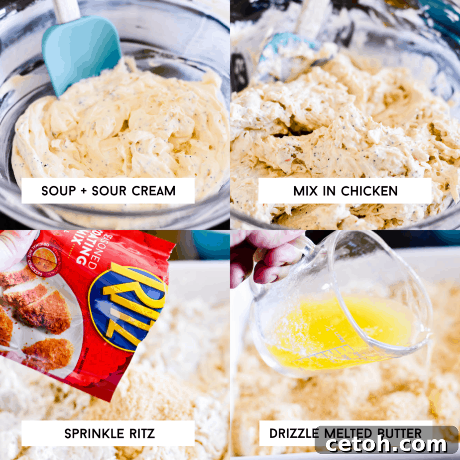 A serving of Ritz Chicken Casserole, showing the creamy chicken filling and crispy golden Ritz cracker topping.
