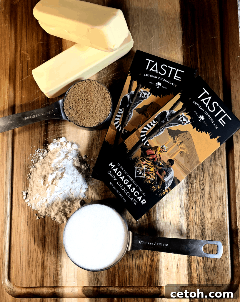 Ingredients for Chocolate Chunk Shortbread Cookies laid out
