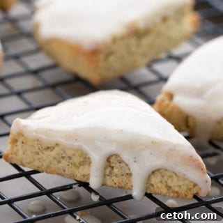 Close up of keto vanilla bean scones on a baking rack