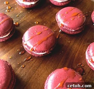 Collage of various macaron flavors, encouraging bakers to share their creations on social media platforms.