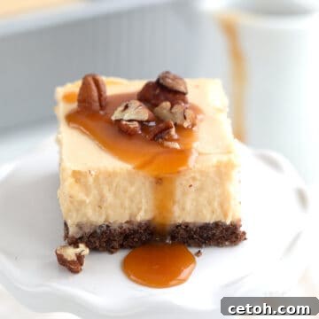 A keto cheesecake bar on a white cupcake stand with caramel and pecans on top.