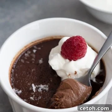 A spoon digging into a chocolate keto pot de creme with raspberries on top.