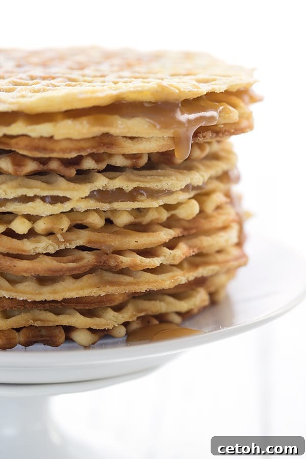 A close-up shot of keto stroopwafels, revealing sandwich cookies made with delicate keto waffle cookies and a luscious, gooey sugar-free caramel sauce filling.