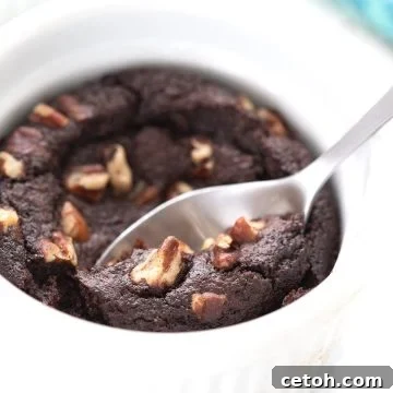 Close up shot of a keto mug brownie with a spoon digging into it.