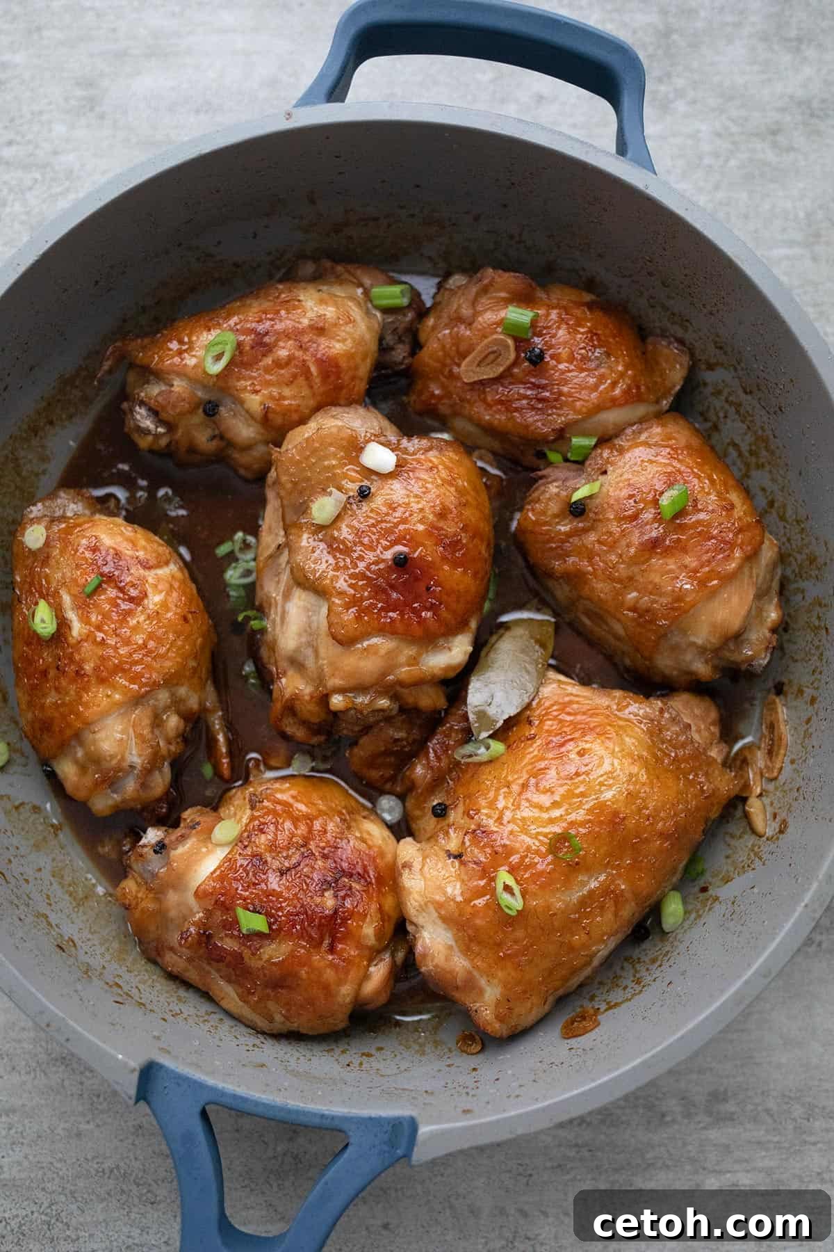 Top-down image of rich chicken adobo simmering in the pan, garnished with freshly sprinkled green onion for a pop of color and flavor.