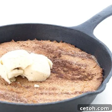 A cast iron skillet full of keto snickerdoodle skillet with ice cream on top.