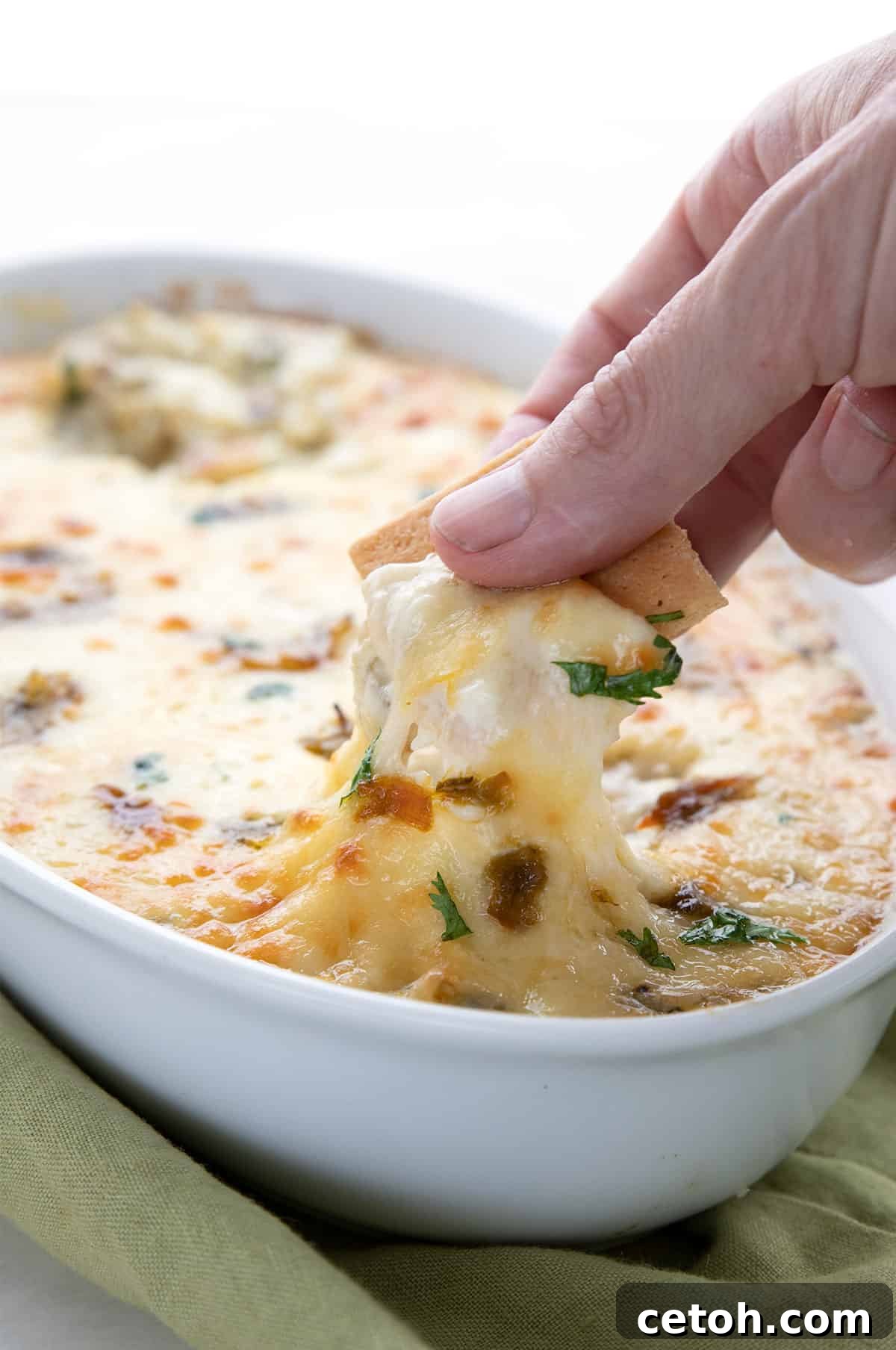A hand digging a cracker into Green Chili Dip.