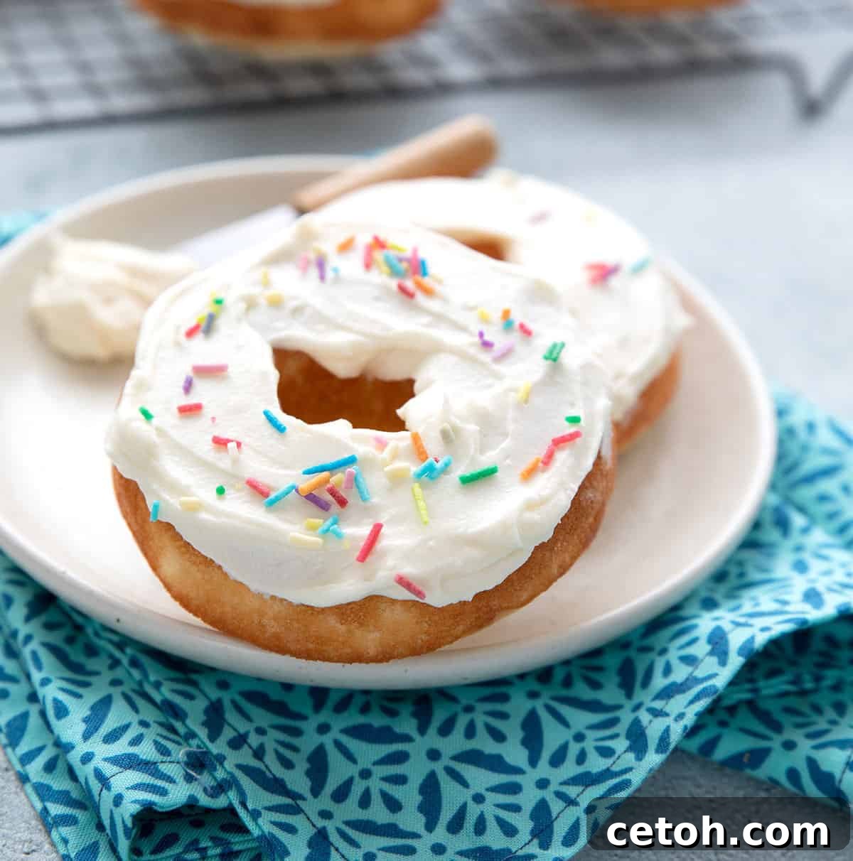 Decadent Keto Chocolate Donuts 3 Two Vanilla Keto Protein Donuts sitting on a white plate over a teal patterned napkin.