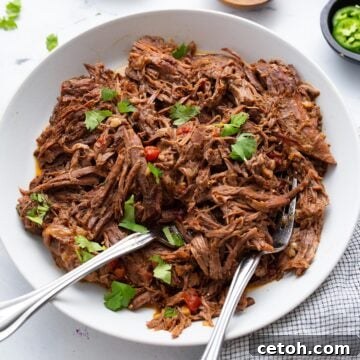 Mexican shredded beef in a white bowl on a marble table top.