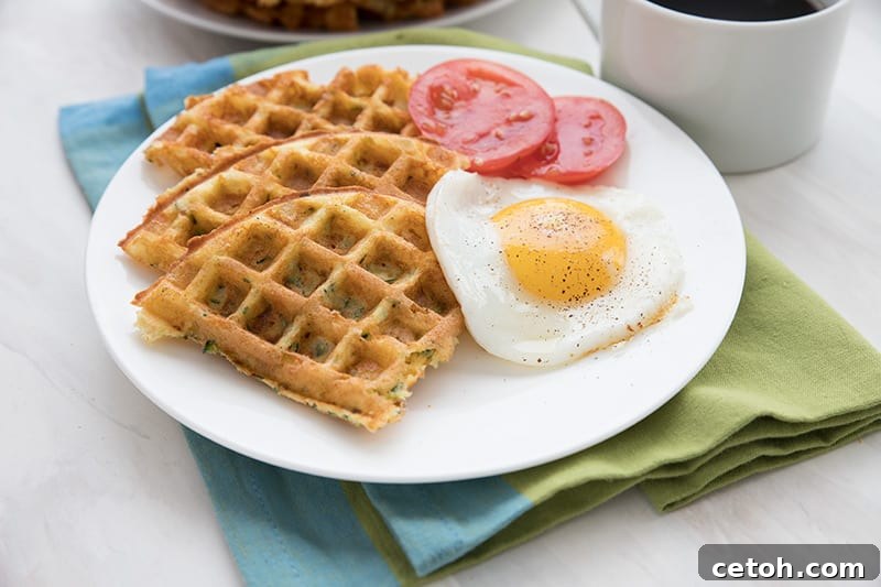 A white plate filled with eggs, zucchini waffles and tomatoes sites over a blue and green napkin