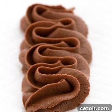 Keto chocolate frosting piped decoratively on a white plate.