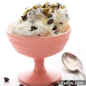 A pink ice cream dish with keto cannoli ice cream, with chocolate chips strewn around.