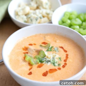 A bowl of Buffalo Chicken Soup on a cutting board with celery and bleu cheese in the background.