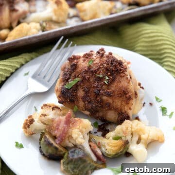 A white plate full of sheet pan chicken and veggies in front of the pan.