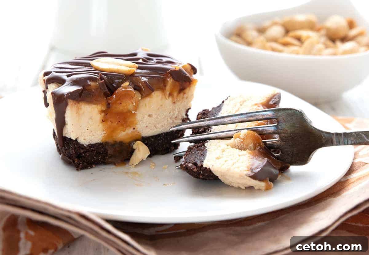 A close up shot of keto mini cheesecake on a white plate with a fork digging into it.