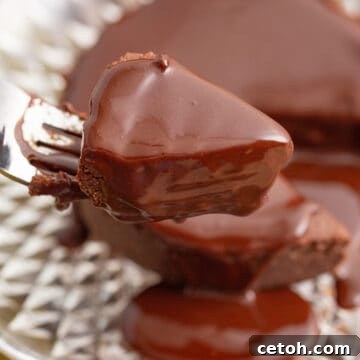 Close up shot of a bite of Chocolate Keto No Bake Cheesecake covered in chocolate sauce.