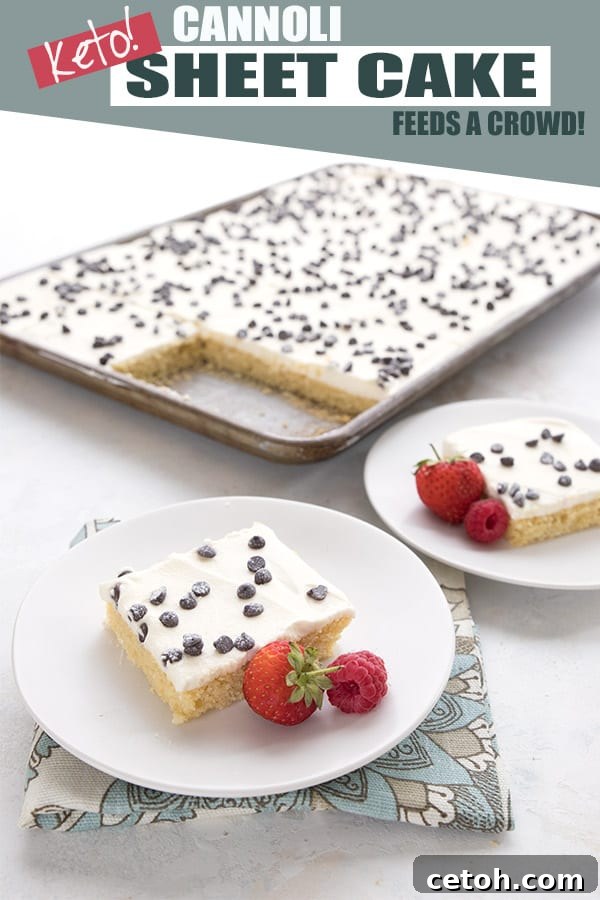 Keto Cannoli Dream Cake 2 Cannoli sheet cake with slices on white plates in front