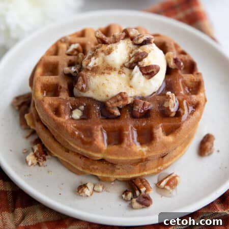 Two keto waffles on a white plate with whipped cream and chopped pecans on top.