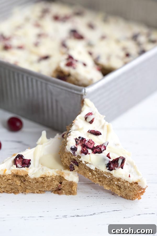 A close-up view of two perfectly frosted keto cranberry bliss bars resting in front of the baking pan on a clean white table.