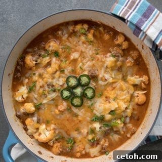 A top down photo of keto chili mac in the pot.